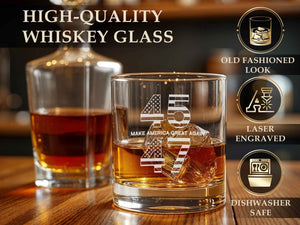 45 47 MAGA Trump Whiskey Glass, Trump 2024, Patriotic Gift, 47 Presidential, Make America Great Again, MAGA Gift, Political Gift