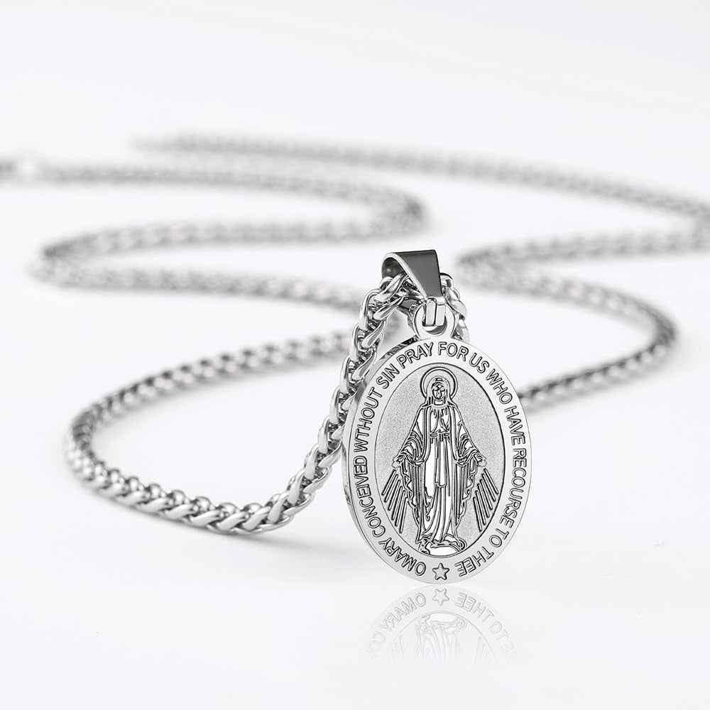 Oval Saint Christopher/Michael/Joseph/Jude/Virgin Mary/Joseph/Francis/Patrick/Anthony/Benedict/Thomas Necklace for Men Women, Stainless Steel Catholic Patron Pendant with Chain 24 Inches